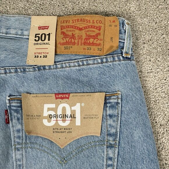 Levi's 501 Jeans Mens 33x32 Blue Denim Straight Leg Button Fly Stretch Distress - Picture 7 of 7